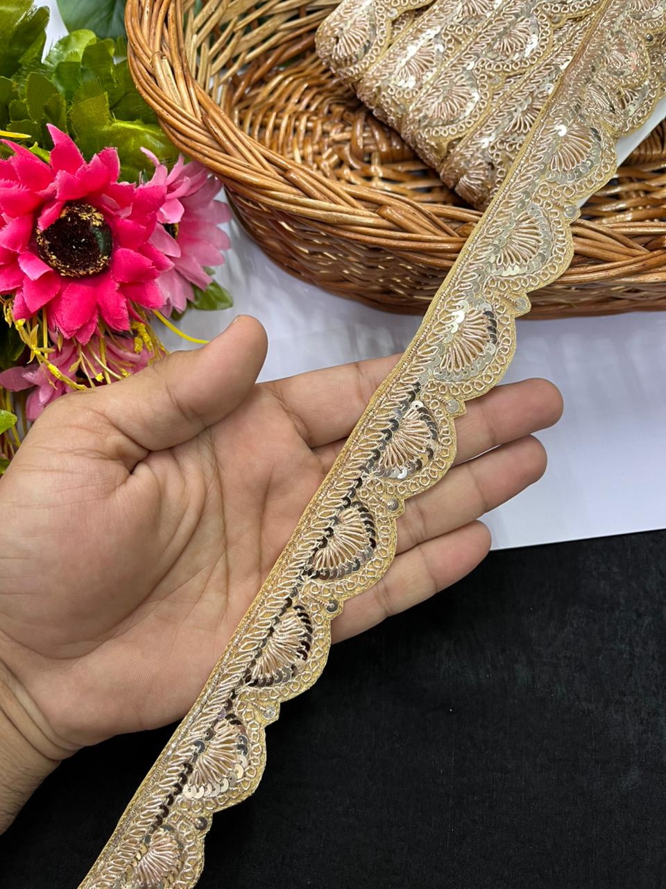 Handmade Scalloped Zardozi Work Lace for Sarees and Bridal Wear – Premium Handmade Lace | Rose Gold