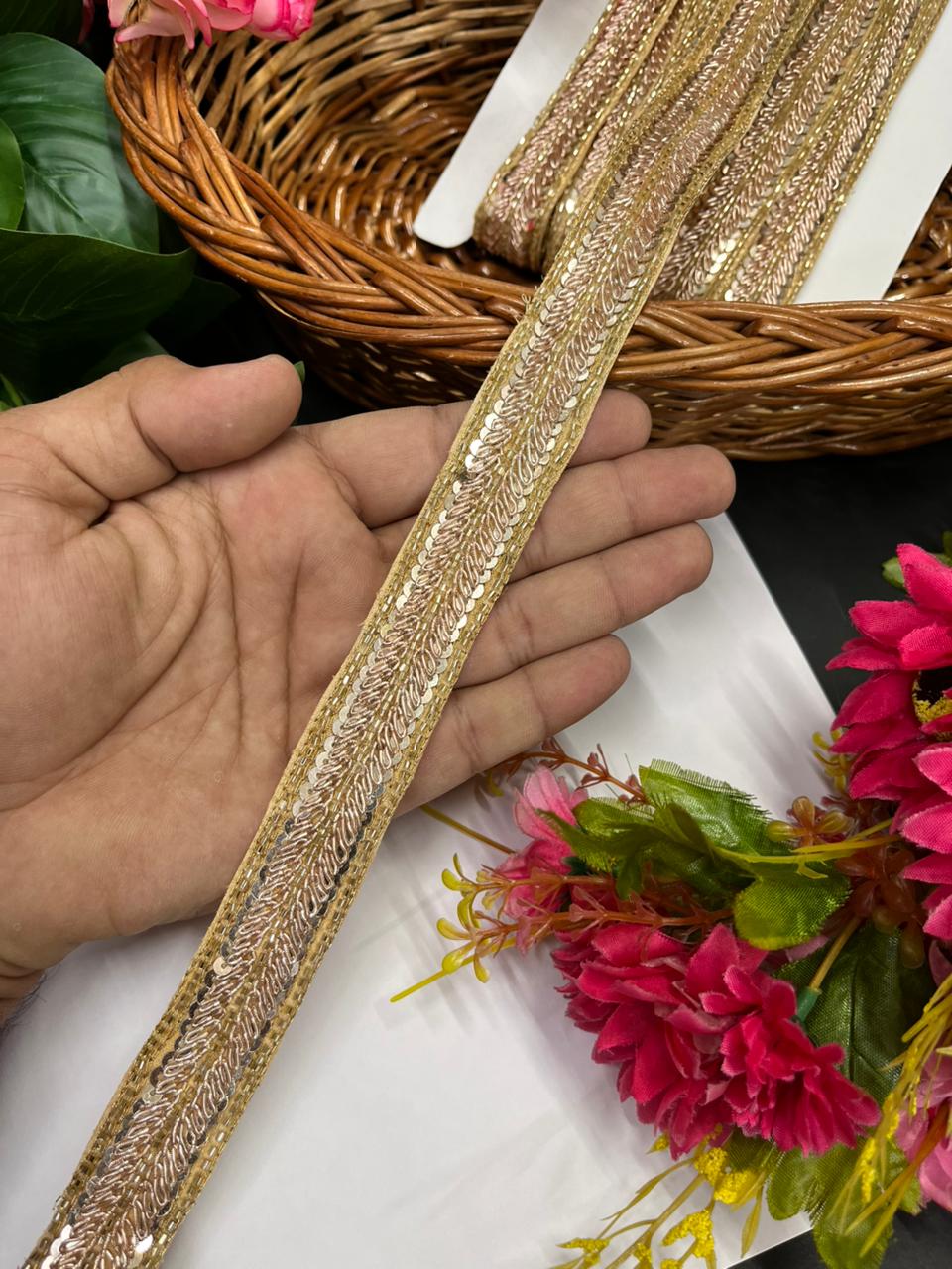 Handcrafted Zardozi Lace with Sequins – Premium Handmade Ethnic Lace Border for Sarees & Dupattas | Rose Gold