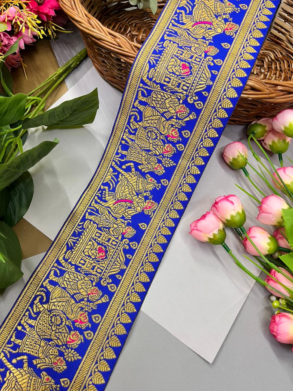 Excellent Banarasi Lace – Premium 4 Inch Traditional Woven Border for Sarees, Dupattas & Ethnic Wear (9 Meter) | Royal Blue