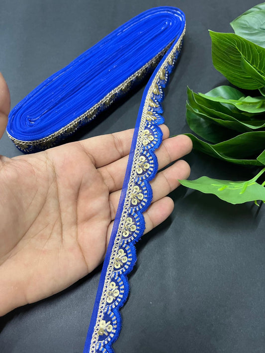Gold Sequin Embroidered Lace on Net Fabric – Tone-to-Tone Design for Sarees, Dresses & Crafts – 9 Meter | Royal Blue