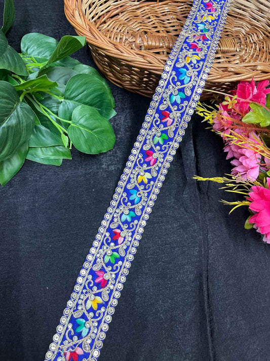 Multicolored Stonework Embroidery Saree Lace Border – 9 Meters, 1.5-Inch Wide Decorative Trim for Lehengas & Dupattas | Royal Blue