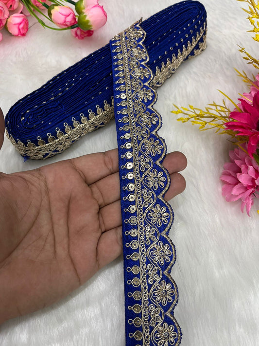 Embroidered Designer Lace – Indian Wedding Trims, Saree Border, 1.5 Inch Wide Lace Reel (9 Mtr) | Royal Blue