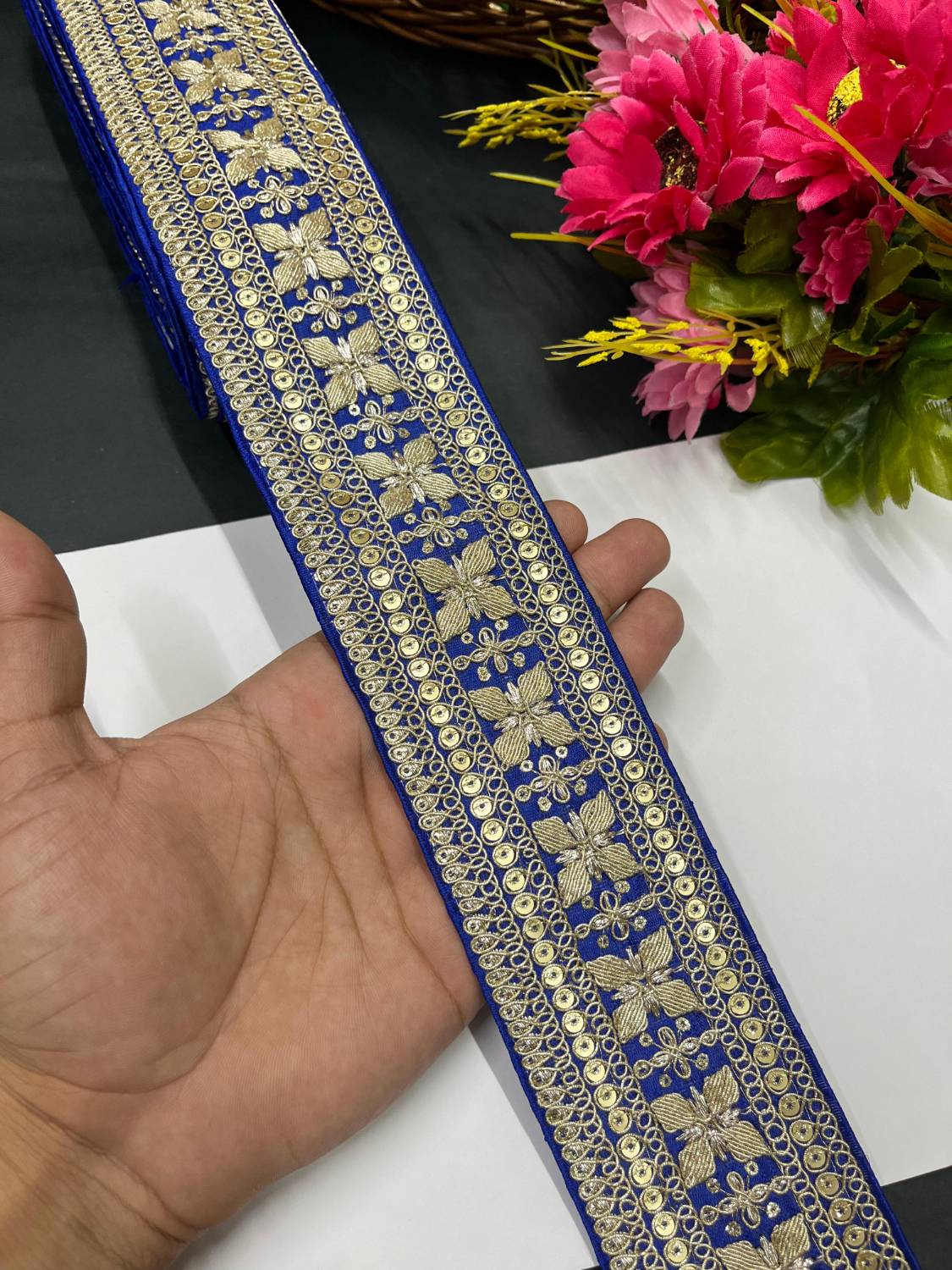 Zari Embroidered Saree Lace Border Trim for Dupatta & Dresses – Fancy Embellished Lace (9 Meter) | Royal Blue