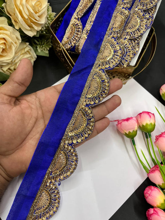 Scalloped Zardosi Work Handmade Saree Borders – Premium 1.5 Inch Maggam Work Lace for Bridal & Festive Wear (9 Meter) | Royal Blue