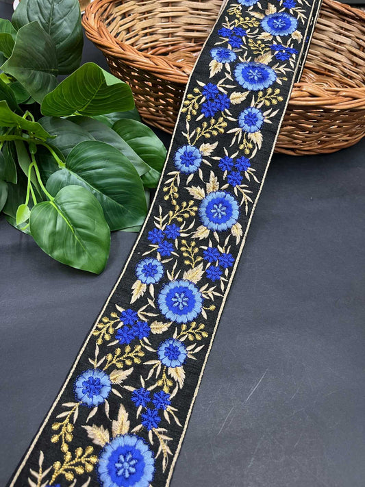 Floral Embroidered Trim | Sari Border Embellishment | Decorative Indian Embroidered Trim – 9 Meters, 3-Inch Width | Royal Blue