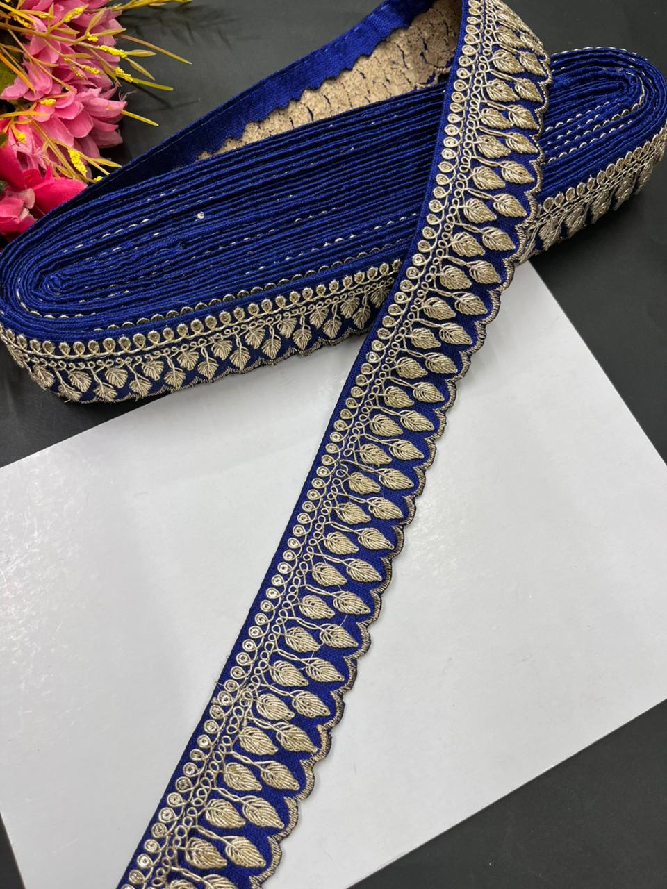 Zari Embroidered Saree Laces – Premium Designer Borders for Sarees, Lehengas & Dupattas (9 Meter, 1.5 Inch Width) | Royal Blue