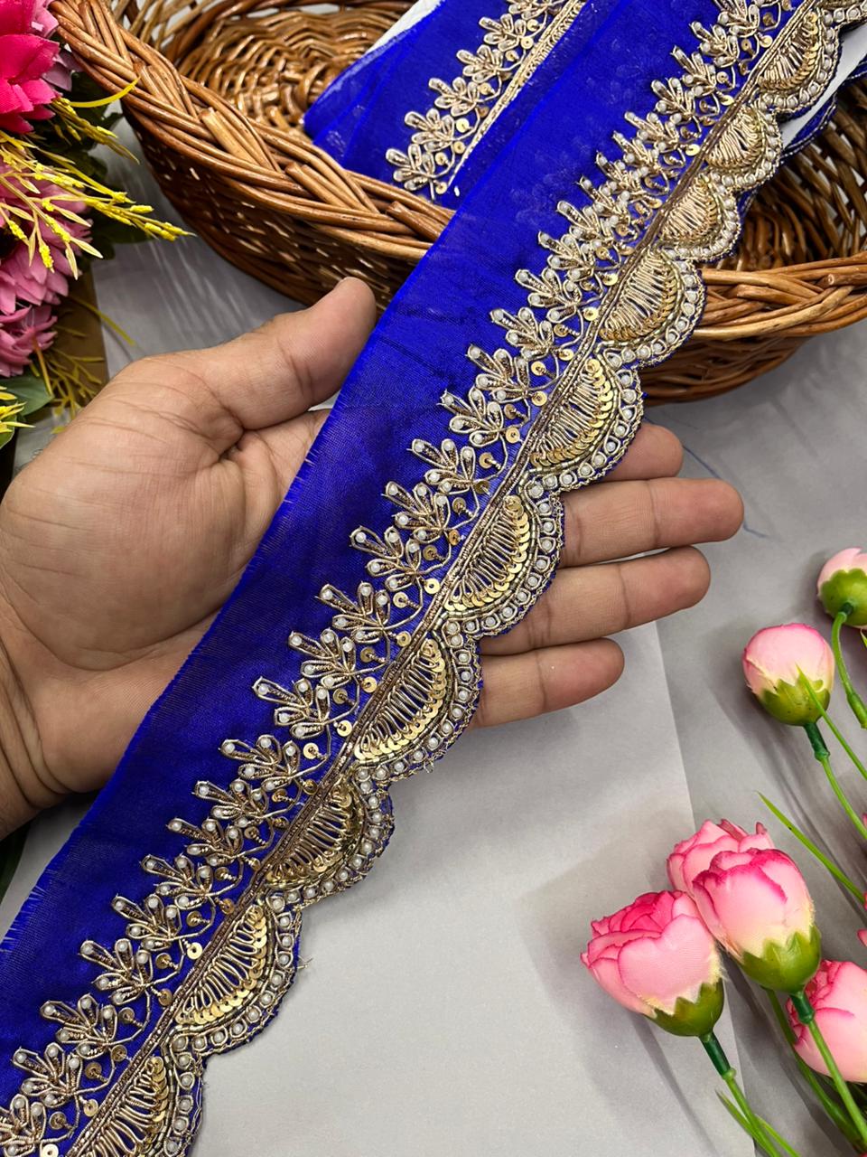 Scalloped Zardosi Work Saree Borders – Premium 2 Inch Handcrafted Maggam Work Lace for Bridal & Festive Wear (9 Meter) | Royal Blue