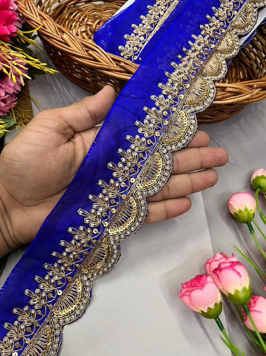 Scalloped Zardosi Work Saree Borders – Premium 2 Inch Handcrafted Maggam Work Lace for Bridal & Festive Wear (9 Meter) | Royal Blue