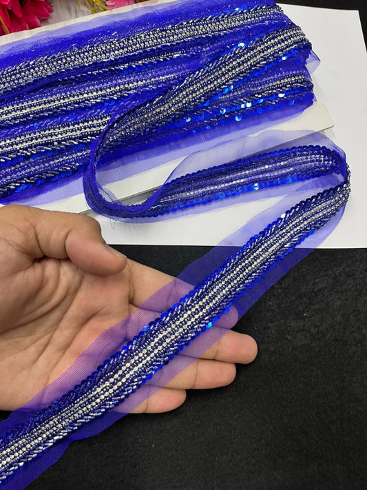 Handmade Sequins Diamond Lace on Net Fabric for Sarees, Kurtis & Dresses – Designer Embroidered Lace Border (1.5 Inch) | Royal Blue