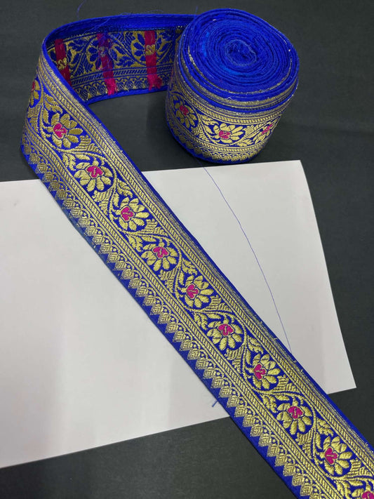 Banarasi Handloom Vintage Pure Silk Border – 9 Meters, 2-Inch Traditional Zari Embroidered Trim for Sarees & Lehengas | Royal Blue