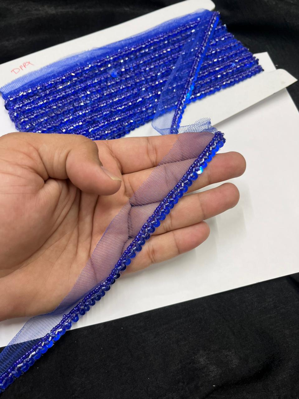 Handmade Sequins Lace Trim for Sarees, Blouses & Dresses – Narrow Handwork Embroidered Lace Border (1 cm) | Royal Blue
