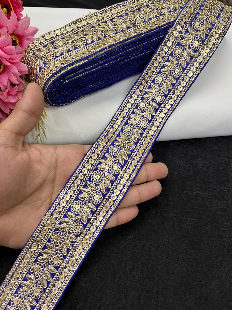 Leaf Style Embroidered Designer Lace Border for Sarees, Kurtis & Dresses – Elegant Ethnic Embroidery Lace (2 Inch) | Royal Blue