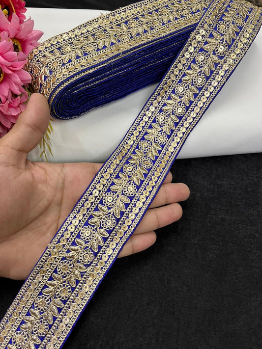 Leaf Style Embroidered Designer Lace Border for Sarees, Kurtis & Dresses – Elegant Ethnic Embroidery Lace (2 Inch) | Royal Blue