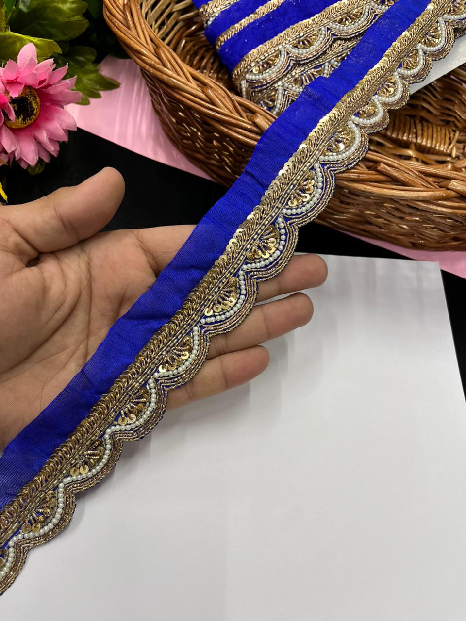 Handmade Scalloped Zardozi Maggam Work Saree Lace Borders – Premium Designer Maggam Lace | Royal Blue