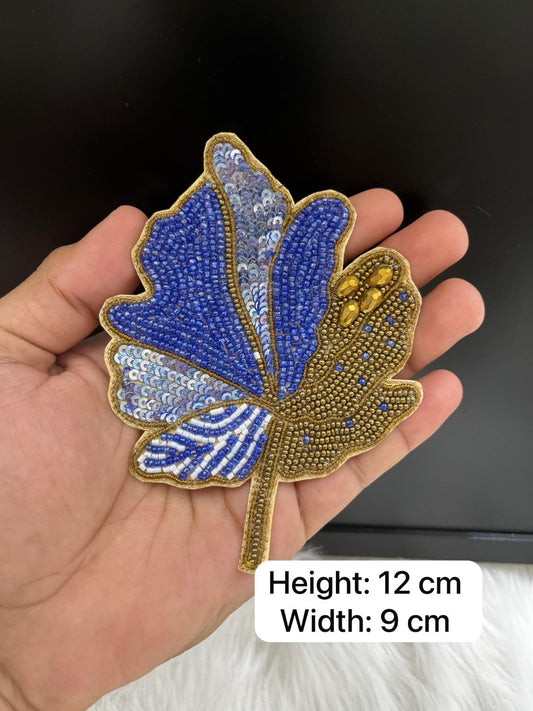 Beaded Handmade Leaf Design Patch | Decorative Embroidered Patches | Applique for Sarees, Dupattas & Ethnic Wear | Royal Blue