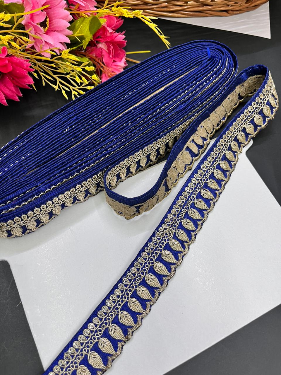 Embroidered Zari Lace Border for Saree, Lehenga & Craft Projects – Designer 1 Inch Embroidery Lace for Ethnic Wear (9 Meter) | Royal Blue
