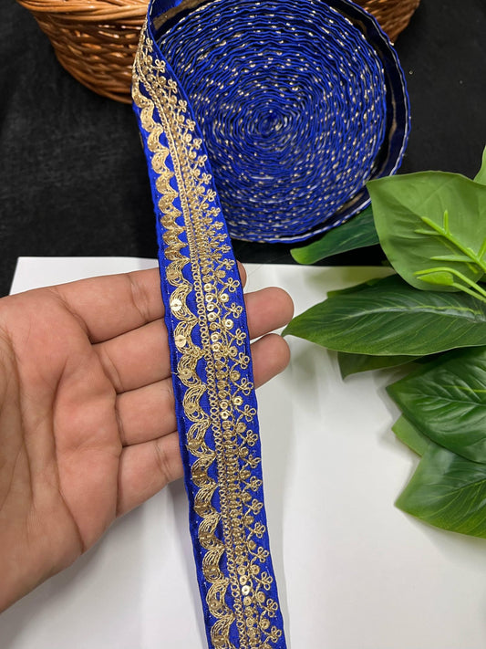 Gold Embroidered Saree Laces for Sarees, Kurtis, Dupattas, Dresses & Lehengas – 9 Meters, 1.25-Inch Decorative Border | Royal Blue