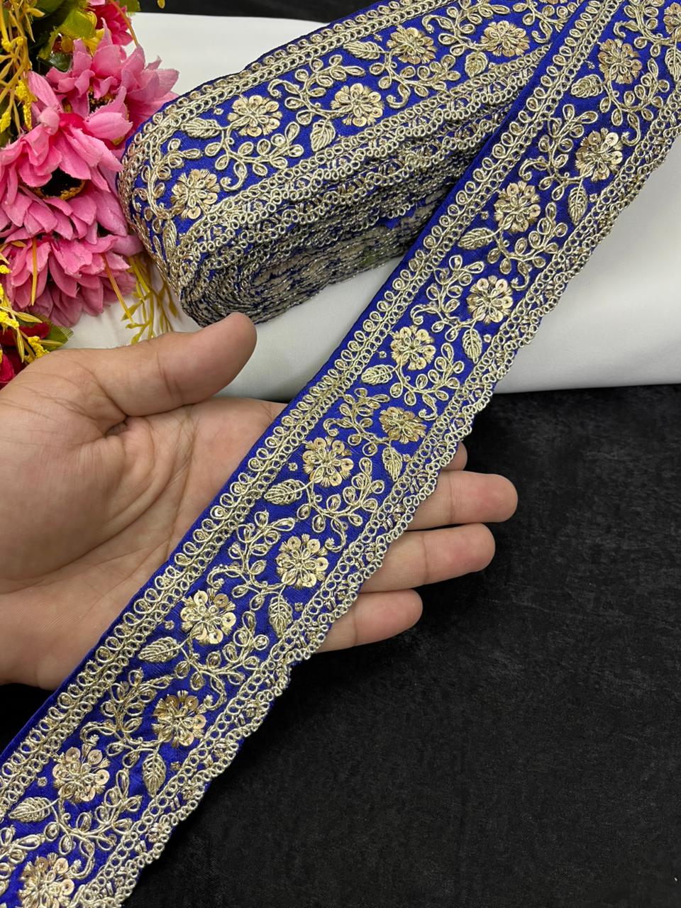 Beautiful Zari Embroidered Lace for Sarees & Lehengas – Designer Ethnic Embroidery Lace Border (2.5 Inch) | Royal Blue
