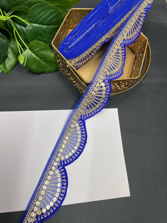 Designer Scalloped Embroidery Saree Lace – 9 Meters, 2-Inch Tone-to-Tone Embroidered Border for Lehengas & Dupattas | Royal Blue