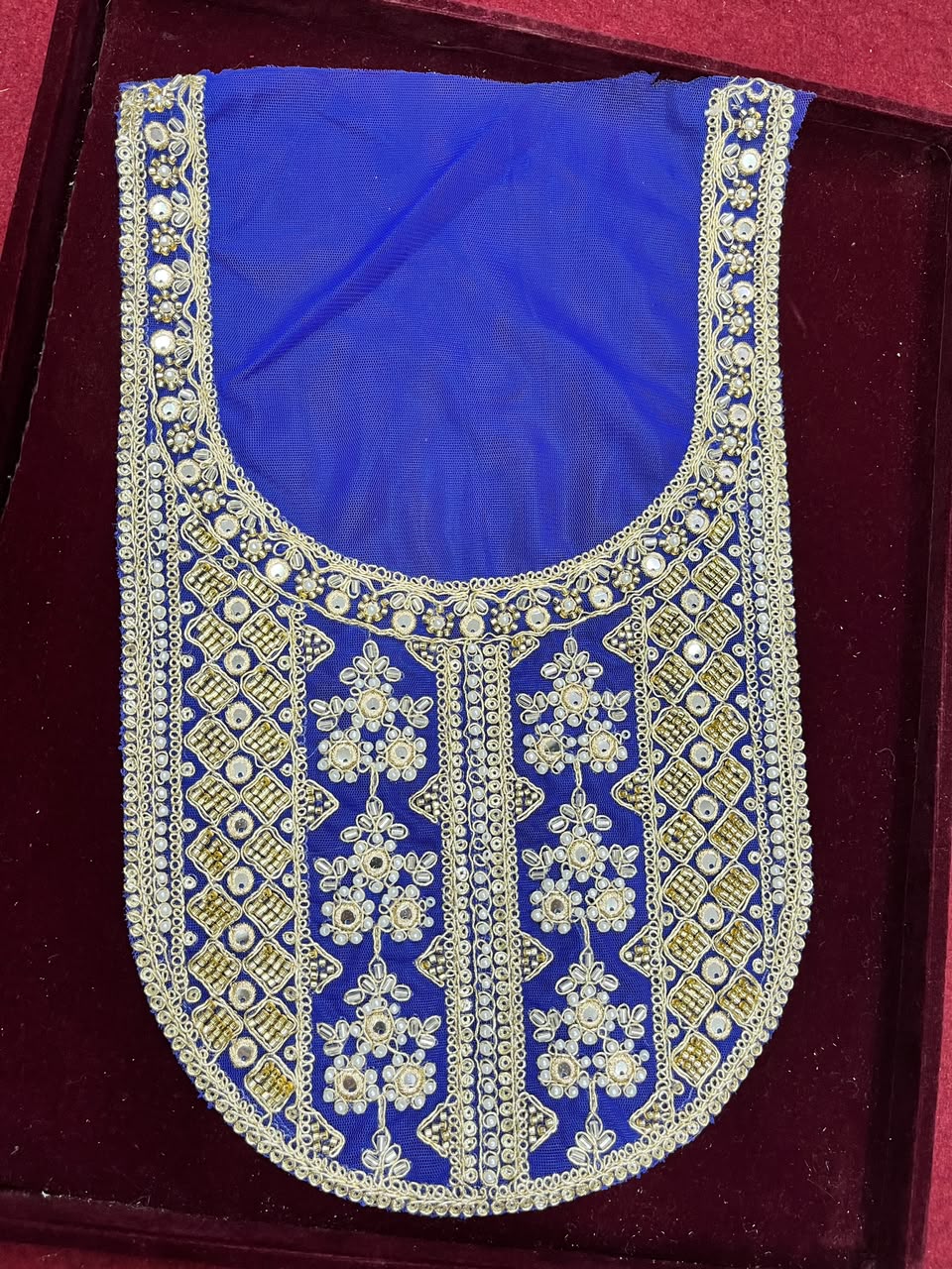 Designer Handcrafted Neck Patch for Kurtis, Dresses & Blouses – Premium Embroidered Neckline Applique | DC0983 | Royal Blue