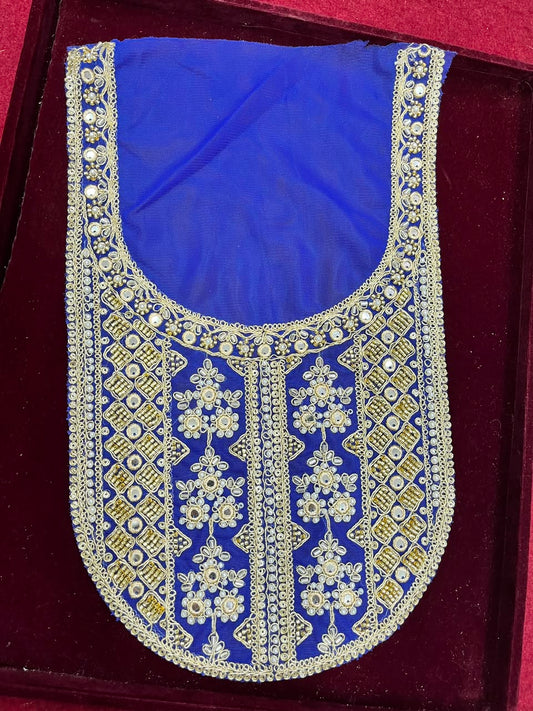 Designer Handcrafted Neck Patch for Kurtis, Dresses & Blouses – Premium Embroidered Neckline Applique | DC0983 | Royal Blue