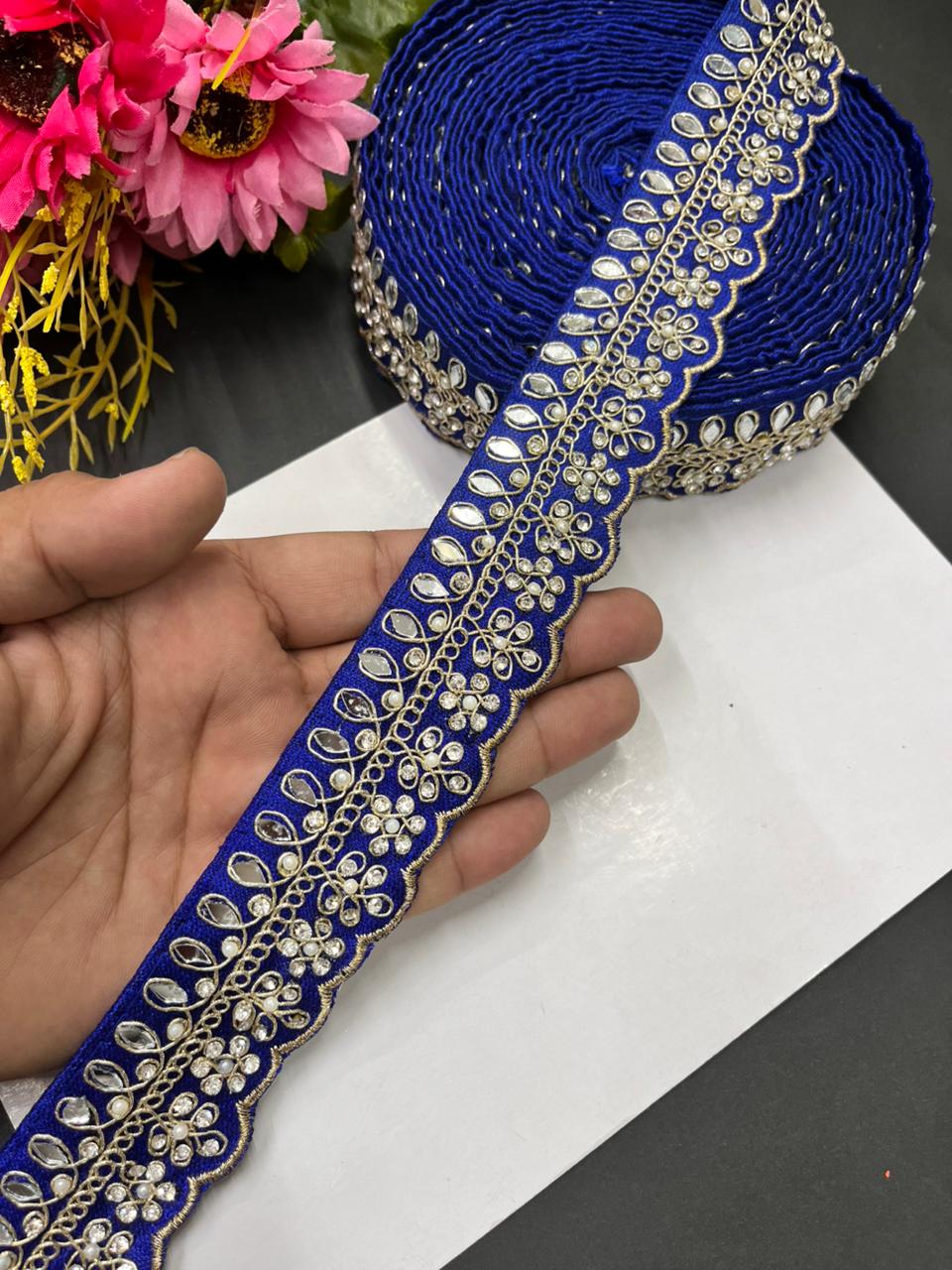 Luxurious Mirror Work with Diamond Laces – Designer Maggam Work Borders for Sarees, Lehengas & Dupattas (9 Meter, 1.5 Inch Width) | Royal Blue