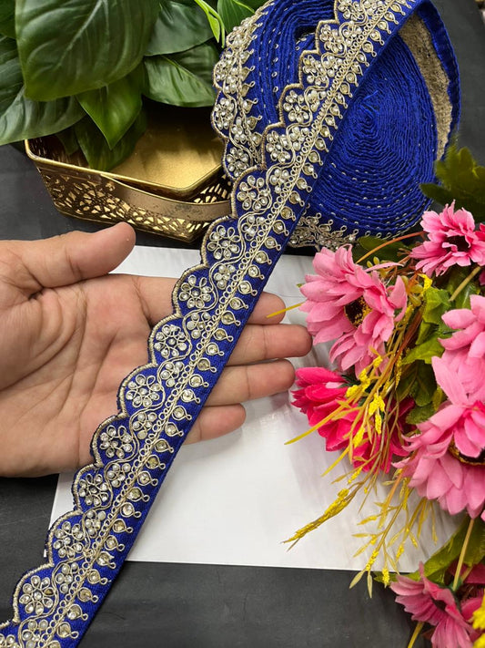 Scalloped Stonework Designer Laces – Elegant Embroidered Border Trim for Sarees, Dupattas & Lehengas (9 Meter, 1.5 Inch Width) | Royal Blue