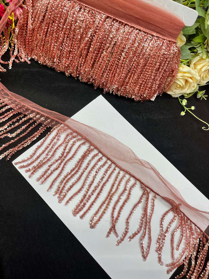 Sequence Fringe Lace | Western Imported Lace | Tassels Lace – Premium Designer Border Trim for Sarees, Lehengas & Gowns (9 Meter, 4 Inch Width) | Rust