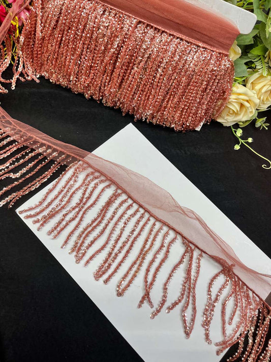 Sequence Fringe Lace | Western Imported Lace | Tassels Lace – Premium Designer Border Trim for Sarees, Lehengas & Gowns (9 Meter, 4 Inch Width) | Rust