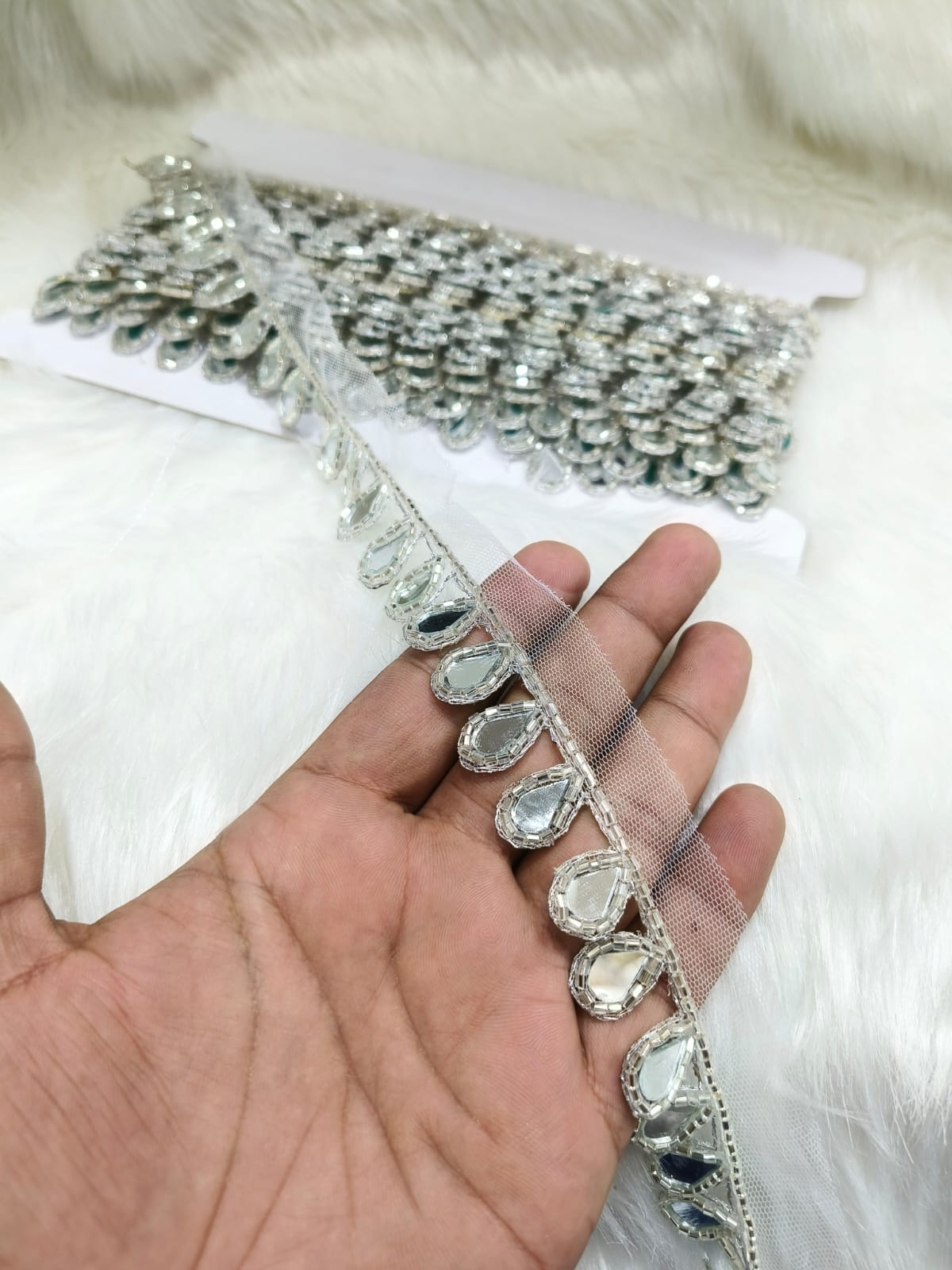 Handmade Cutdana Mirror Work Lace Borders – Premium Quality, Intricate Embellishments for Sarees, Lehengas, Dupattas, and Luxury Home Decor - Silver