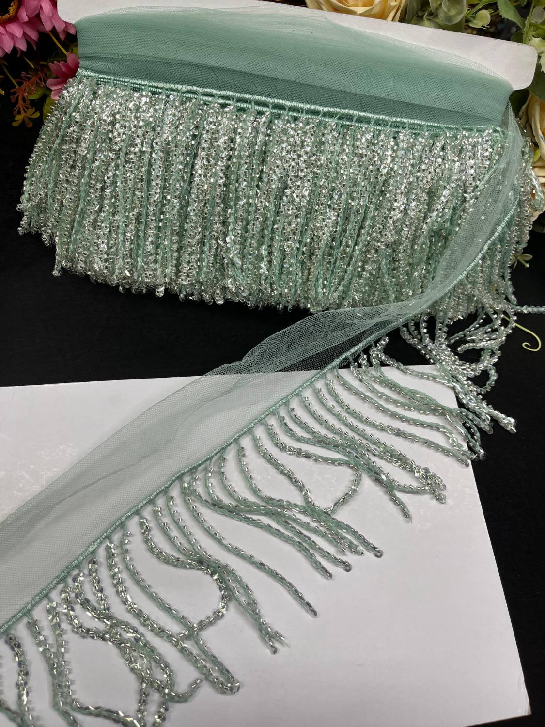 Sequence Fringe Lace | Western Imported Lace | Tassels Lace – Premium Designer Border Trim for Sarees, Lehengas & Gowns (9 Meter, 4 Inch Width) | Sea Green
