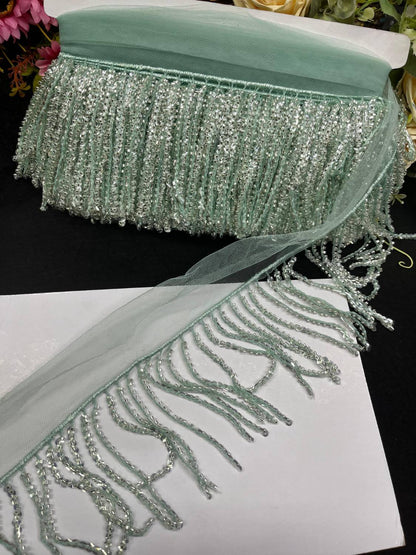 Sequence Fringe Lace | Western Imported Lace | Tassels Lace – Premium Designer Border Trim for Sarees, Lehengas & Gowns (9 Meter, 4 Inch Width) | Sea Green