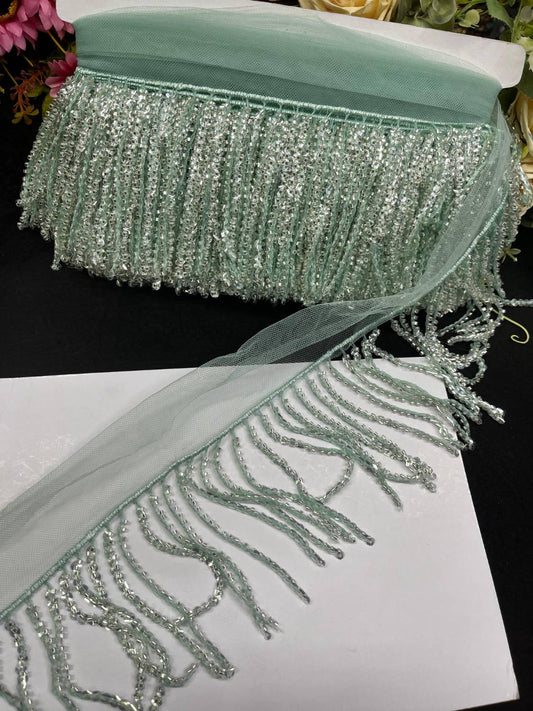 Sequence Fringe Lace | Western Imported Lace | Tassels Lace – Premium Designer Border Trim for Sarees, Lehengas & Gowns (9 Meter, 4 Inch Width) | Sea Green