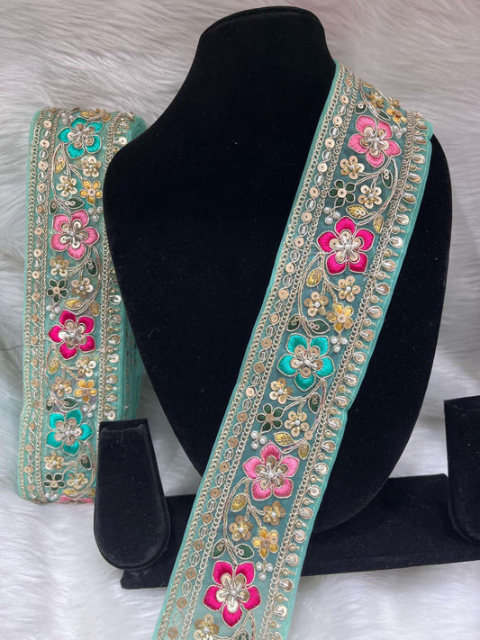 Embroidered Beaded Sequins Lace Borders on Net Fabric – 9 Meters, 2.5-Inch Maggam Work Trim for Sarees & Lehengas | Sea Green