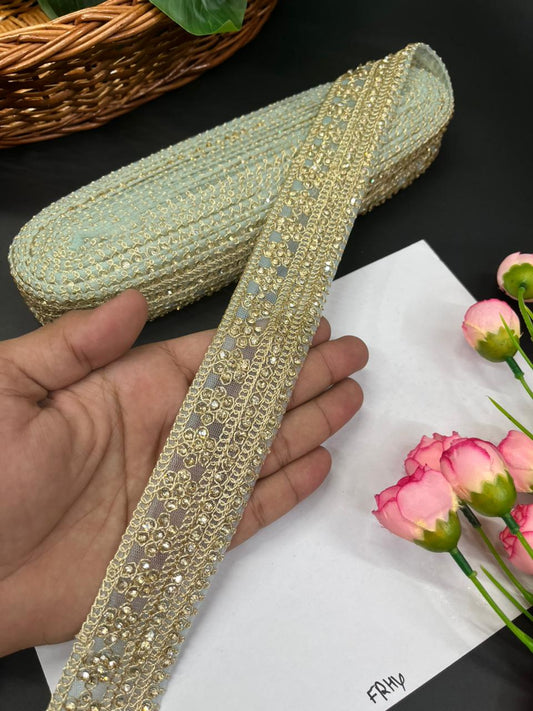 Gorgeous Diamond Work Lace & Borders – Premium Maggam Work Trim for Sarees, Lehengas & Dupattas (9 Meter, 2 Inch Width) | Sea Green