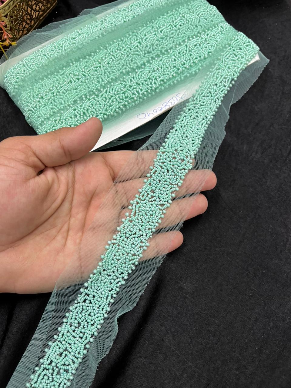 Exclusive Pearl Work Handcrafted Lace Trim for Sarees, Kurtis & Dresses – Designer Handmade Pearl Embroidery Lace Border | Sea Green