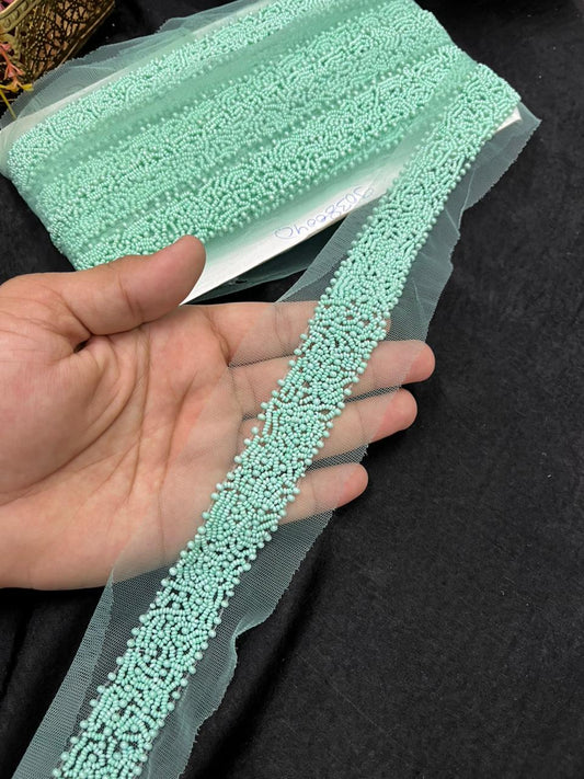 Exclusive Pearl Work Handcrafted Lace Trim for Sarees, Kurtis & Dresses – Designer Handmade Pearl Embroidery Lace Border | Sea Green