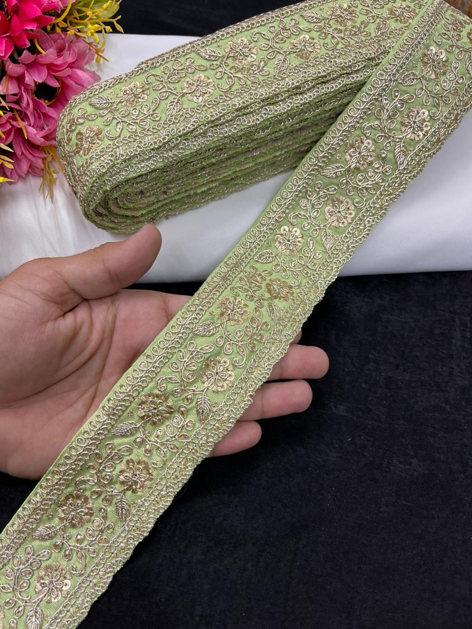 Beautiful Zari Embroidered Lace for Sarees & Lehengas – Designer Ethnic Embroidery Lace Border (2.5 Inch) | Sea Green