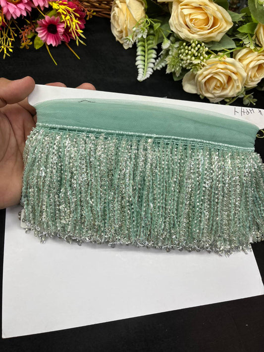 Sequence Fringe Lace | Western Imported Lace | Tassels Lace – Premium Designer Border Trim for Sarees, Lehengas & Gowns (9 Meter, 4 Inch Width) | Sea Green