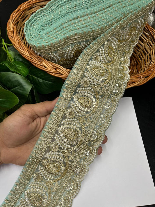 Beautiful Cutdana & Pearl Work Maggam Work Bridal Lace – Premium Designer Bridal Lace | Sea Green