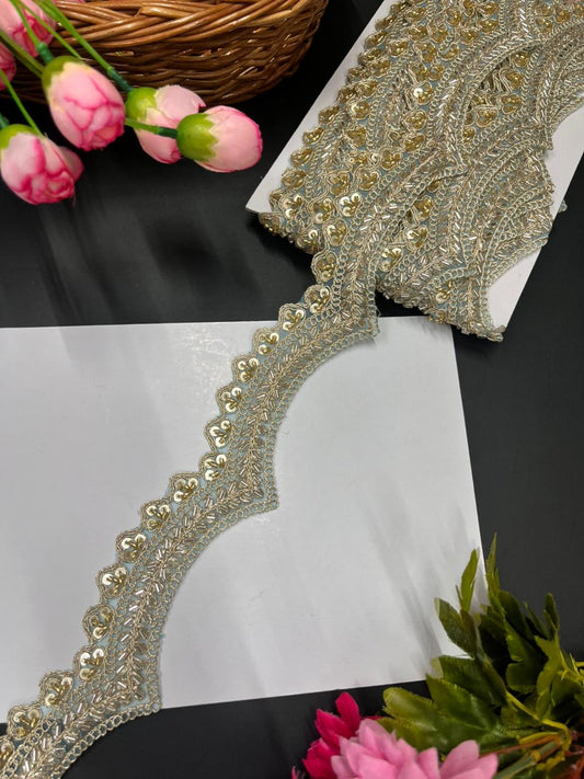 Scalloped Maggam Work Saree Lace Borders on Net Fabric – Designer Embroidered Trim for Sarees & Lehengas (9 Meter, 2 Inch Width) | Sea Green