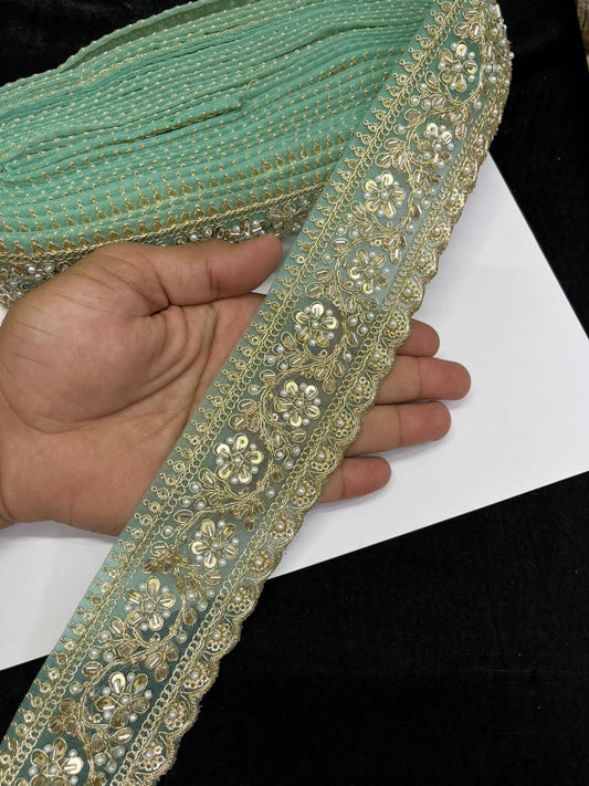 Rich Maggam Work Saree Border Lace for Blouses, Lehengas & Dresses – Designer Handcrafted Embroidered Lace (2.5 Inch) | Sea Green