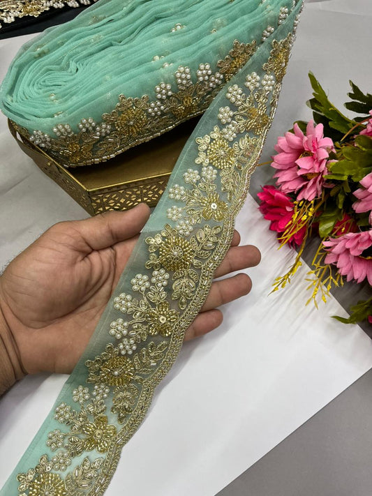 Luxurious Beaded Cutdana Bridal Dupatta Lace | Maggam Saree Laces – Designer Embellished Border (9 Meter, 2.5 Inch Width) | Sea Green