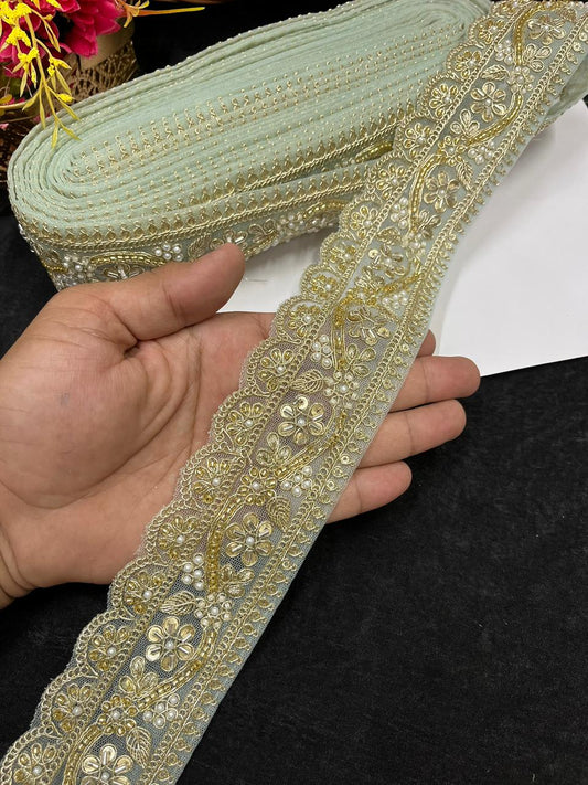 Designer Maggam Work Saree Border on Net Fabric – Handcrafted Embroidered Lace for Sarees, Blouses & Lehengas (2 Inch) | Sea Green