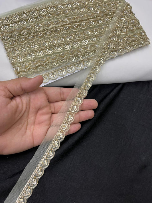 Scalloped Cutdana Work Lace for Sarees & Dupattas – Designer Maggam Work Lace Border (Half Inch) | Sea Green