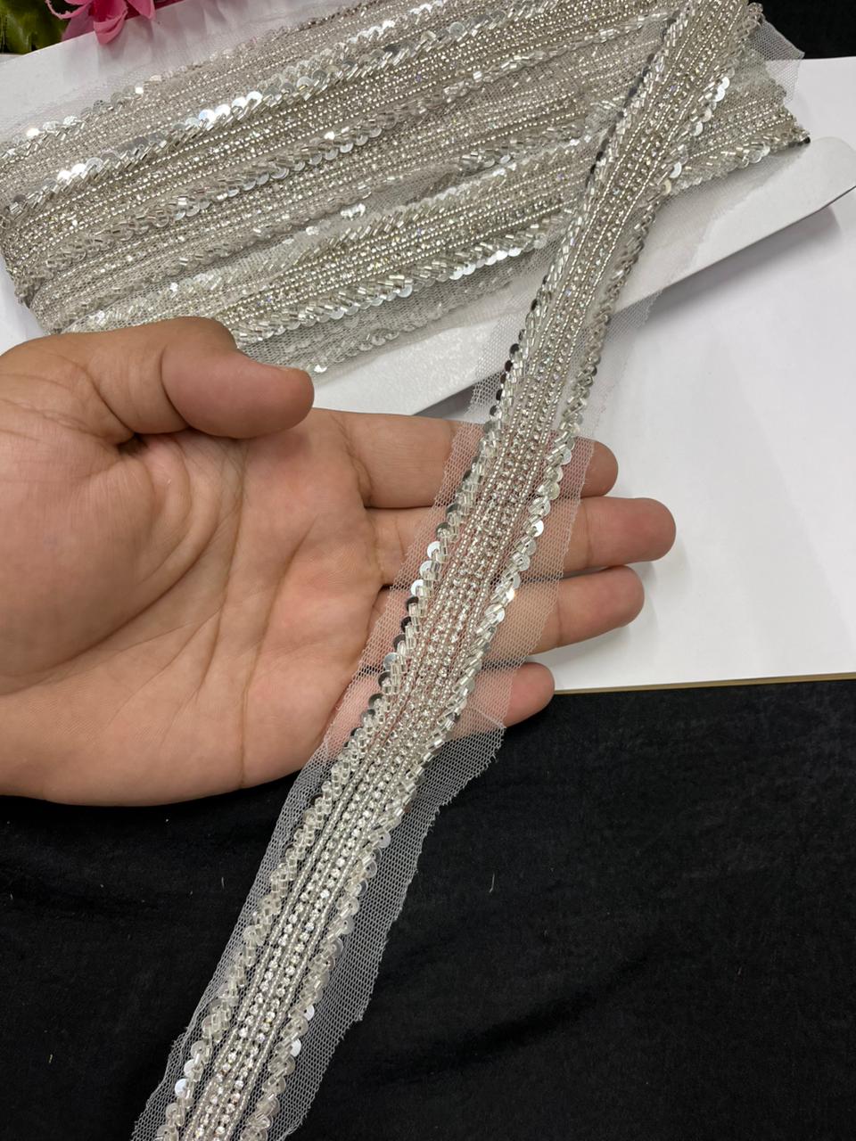 Handmade Sequins Diamond Lace on Net Fabric for Sarees, Kurtis & Dresses – Designer Embroidered Lace Border (1.5 Inch) | Silver