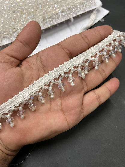 Handcrafted Crystal Hanging Laces – Designer Latkan Borders for Sarees, Dupattas & Lehengas (9 Meter, 1 Inch Width) | Silver