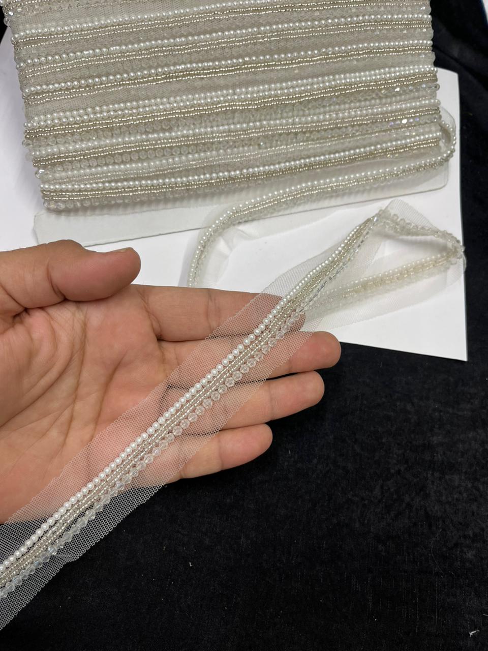 Luxurious Crystal with Pearl Handcrafted Lace – Premium Designer Handmade Lace | Silver