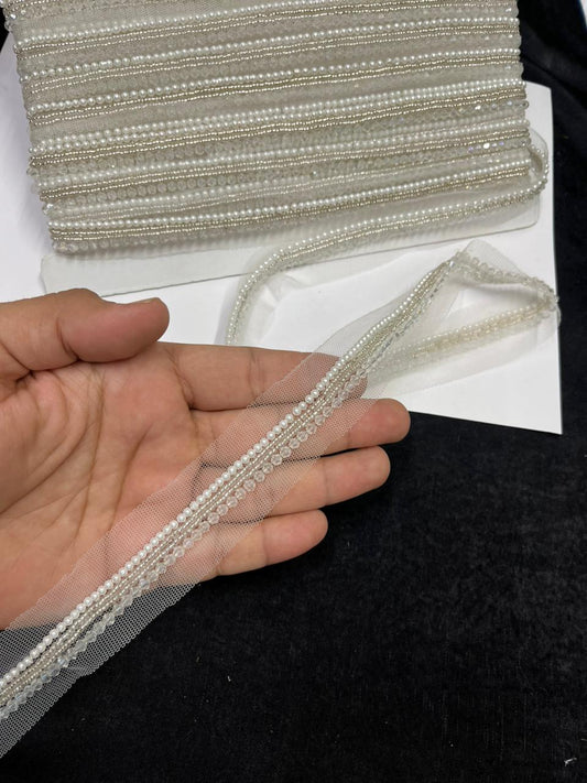 Luxurious Crystal with Pearl Handcrafted Lace – Premium Designer Handmade Lace | Silver