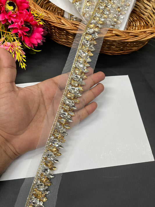 Beautiful Handmade Crystal Heavy Lace Border – Premium Designer Trim for Sarees, Lehengas & Ethnic Outfits (9 Meter, 1.5 Inch Width) | Silver Gold Mix